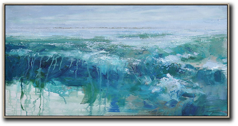 Hand Painted Extra Large Abstract Painting,Panoramic Abstract Landscape Painting,Acrylic Painting On Canvas,Sky Blue,Green,Dark Blue.etc